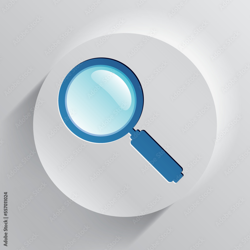 Poster search loupe icon in circle button, magnifying glass on gray background. zoom tool. magnifier. vecto