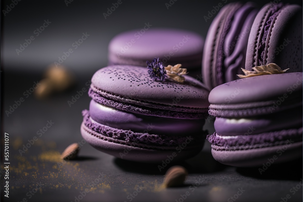 Poster a close up of a purple macaroons with a flower on top of it and a few other macaroons., generative a
