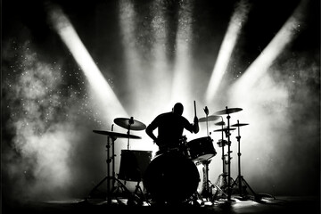 Silhouette of a drummer playing drums on stage in the spotlights. AI generated
