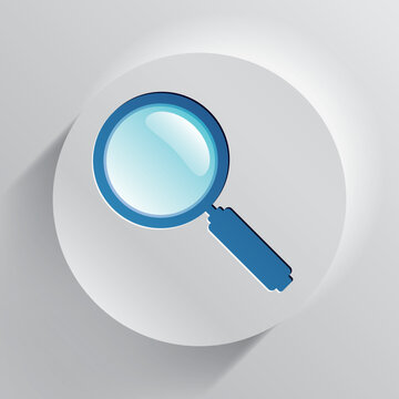Search loupe icon in circle button, magnifying glass on gray background. Zoom tool. Magnifier. Vector design object for you project 