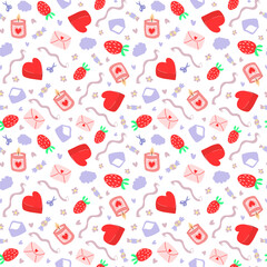Seamless pattern for Valentine's day, spring, summer, celebration. Heart, strawberry, envelope, ribbons, scissors, candy, cloud, flowers, candle. Hand drawn vector illustration.