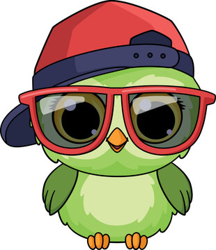 Owl boy character. Cool bird in baseball cap and sunglasses