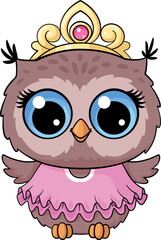 Owl princess character. Cartoon bird in crown and pink dress