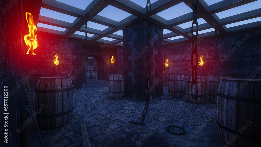 Aufkleber medieval building with stone floor and barrels. moonlight shines through the open roof and fire torc