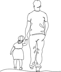 Fototapeta na wymiar Continuous line drawing. Happy young father hugging his little daughter. Vector illustration