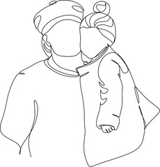 Continuous line drawing. Happy young father hugging his little daughter. Vector illustration