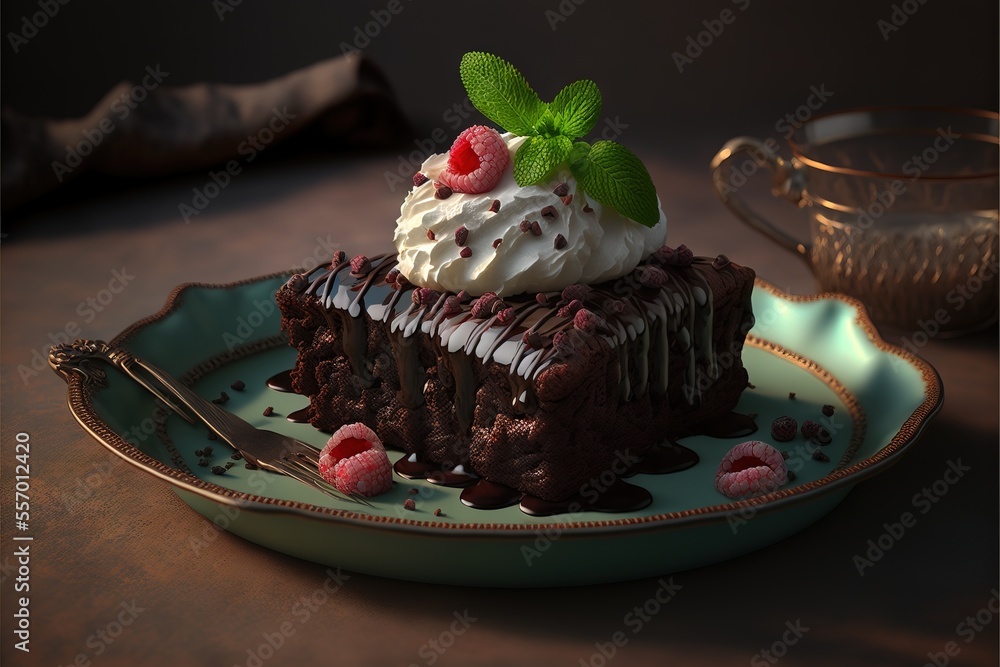Aufkleber a piece of cake with whipped cream and raspberries on top on a plate with a fork and a cup., generat