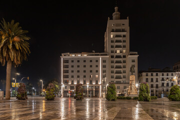 Amazing night photography around estatua Marques de Larios in long time exposure. Malaga old city center empty streets at night.   Andalusia, Spain