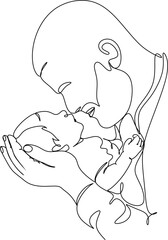 Continuous line drawing. Happy young father hugging his little daughter. Vector illustration