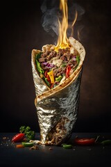 Grilled shawarma, shawarma, shawarma with fire flames, Generative AI