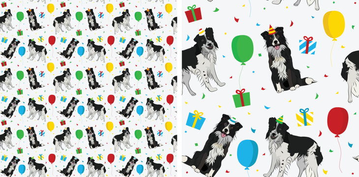 Happy Birthday Pattern with border collie dog in a party hat, seamless texture. Repeatable textile, wrapping paper, white background graphic design. Holiday wallpaper with sitting dogs, confetti.