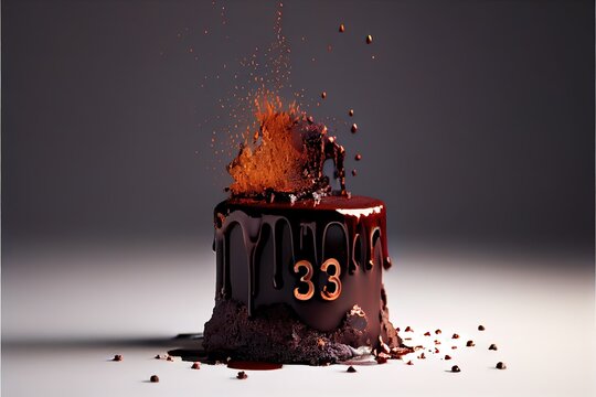 new year cake, 33th birthday Chocolate cake, full cake, cake view, delicious cake pastry with falling dark chocolate, cake with sprinkles, dark chocolate white and dark cake, Generative AI