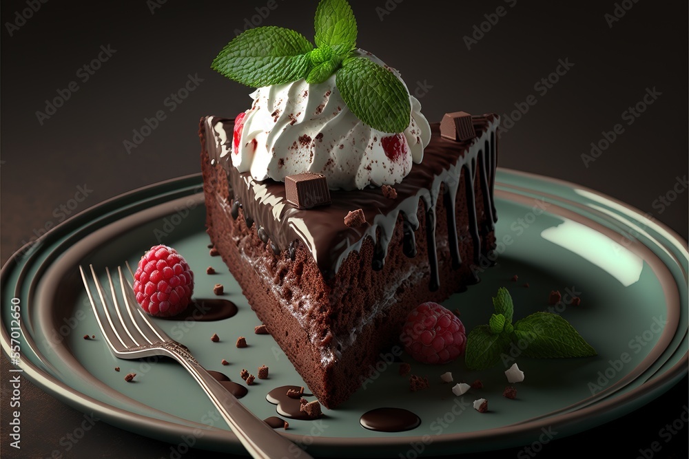 Poster a piece of chocolate cake with whipped cream and raspberries on a plate with a fork and a spoon., ge