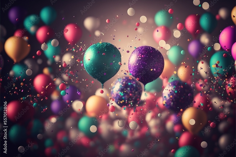 Poster a bunch of balloons that are floating in the air with confetti on them and a blurry background., gen