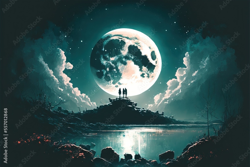 Aufkleber a couple standing on a hill looking at the moon over a lake with a mountain in the background and a 