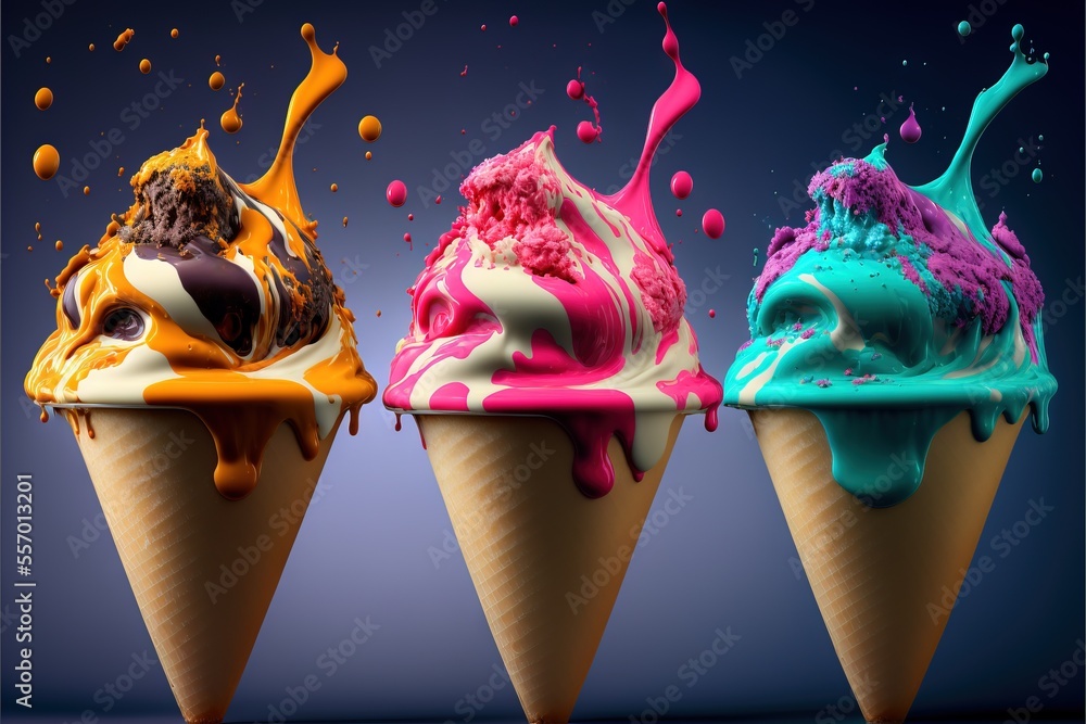 Poster three ice cream cones with different colors of ice cream in them., generative ai