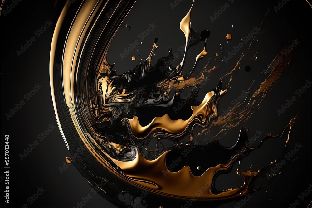 Poster a black and gold abstract background with liquid swirling around it and a black background with a go