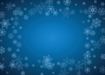 New Year snowflakes on blue background with sparkles. Horizontal Christmas and New Year snowflakes  falling. For season sales, special offer, banners, cards, party invites, flyer. White frosty snow