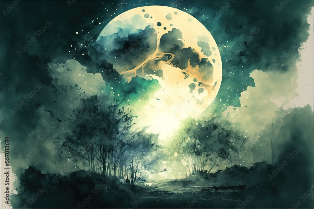 Poster a painting of a full moon with trees and a river in the foreground and a dark sky with clouds., gene
