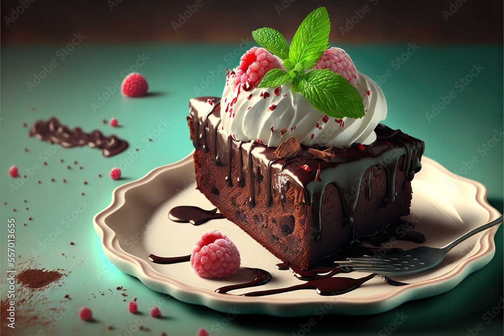 Aufkleber a piece of chocolate cake with ice cream and raspberries on a plate with a fork and spoon., generati