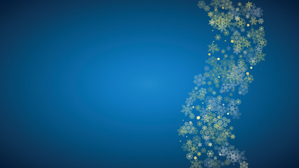 New Year frame with gold snowflakes on blue background. Horizontal  Christmas and New Year frame for gift certificate, ads, banner, flyer, sales offers, event invitations. Glitter snow with sparkle