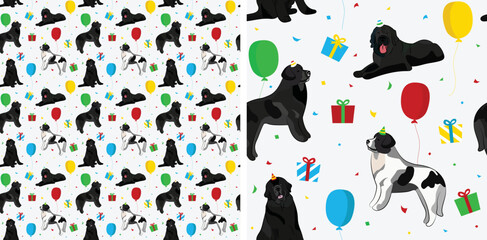 Happy Birthday Pattern with Newfoundland dog in a party hat, seamless texture. Repeatable textile, wrapping paper, white background graphic design. Holiday wallpaper with sitting funny dogs, confetti.