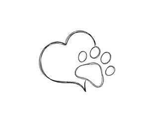 Dog footprints line art print. Dog's paw in the heart - love for a pet . Paw doodle illustration