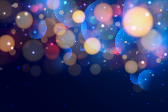 Blurred colorful bokeh light on dark blue background. Luxury vector backdrop with golden, pink and blue bokeh. Falling golden sparks, dust glitter, blur effect. Festive banner template, copy space