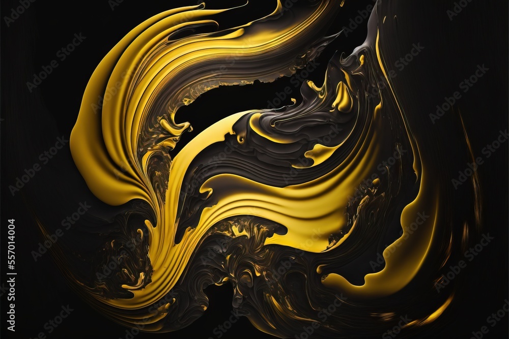 Poster a black and yellow abstract background with wavy lines and curves of liquid or liquid paint on it., 