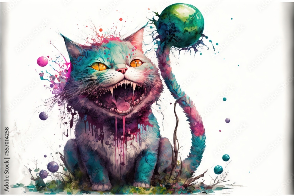 Poster a cat with a ball in its mouth and a splattered tail., generative ai