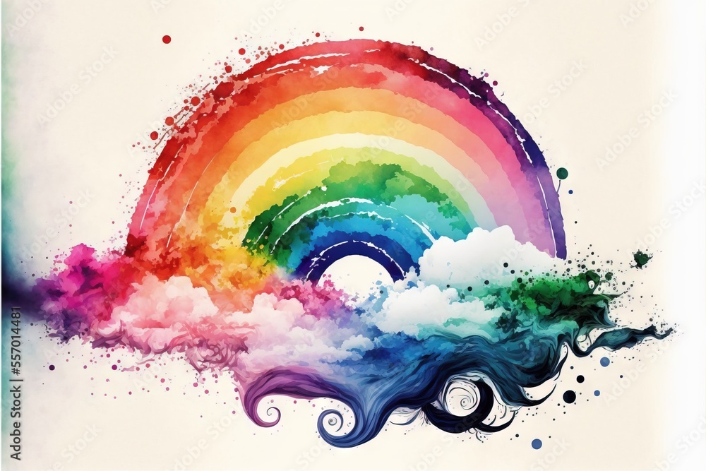Poster a rainbow painted in the sky with clouds and watercolors on it's side and a rainbow in the middle., 