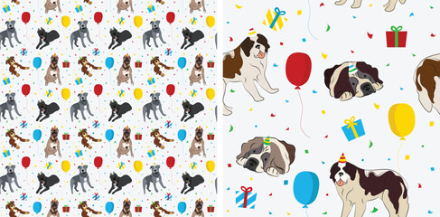 Happy Birthday Pattern with St Bernard dog in a party hat, seamless texture. Repeatable textile, wrapping paper, white background graphic design. Holiday wallpaper with sitting Saint Bernard dogs. 