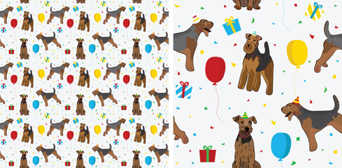 Happy Birthday Pattern with Welsh terrier dog in a party hat, seamless texture. Repeatable textile, wrapping paper, white background graphic design. Holiday wallpaper with sitting dogs, confetti