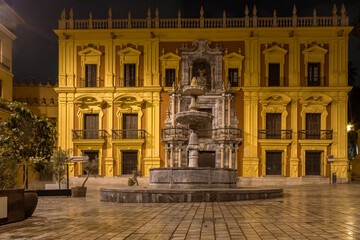 Amazing night photography around Malaga La Manquita Cathedral, Plaza de la Constitucion and Marques...