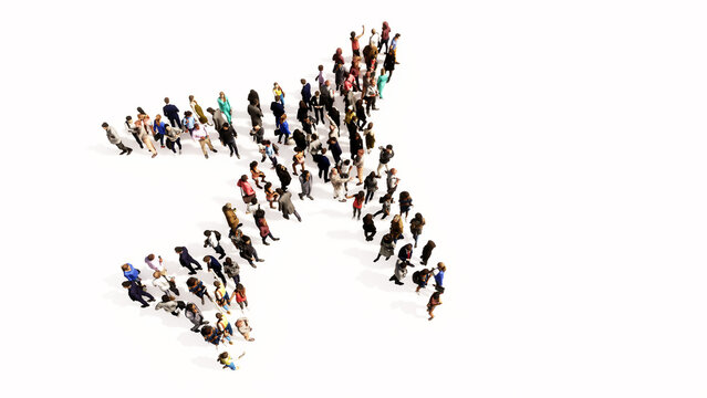 Concept conceptual large community of people forming the airplane sign. 3d illustration metaphor for modern, fast, comfortable and  secure transportation, holiday and business