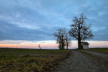 Krajobraz po zachodzie słońca, kapliczka i drzewa w polach na Roztoczu.