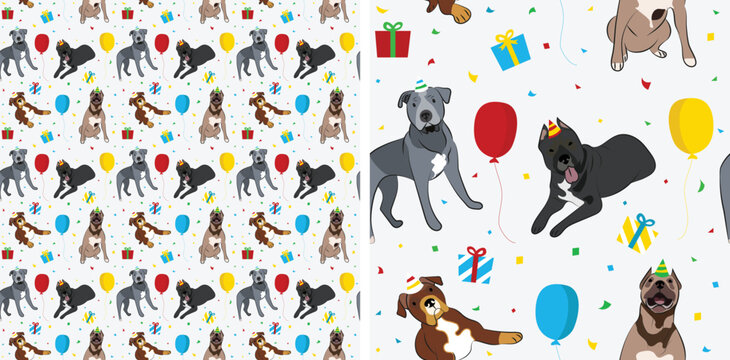 Happy Birthday Pattern with Pit Bull dog in a party hat, seamless texture.Repeatable textile, wrapping paper, white background graphic design.Holiday wallpaper with sitting paint dogs, confetti tiles.