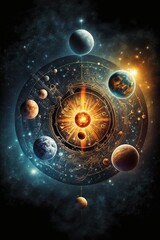 A measure of time by a physical clock, The expansion of the universe. The whole universe, Planets, Solar system, stars, sun, satellites, spaceships, Cosmic time. - obrazy, fototapety, plakaty
