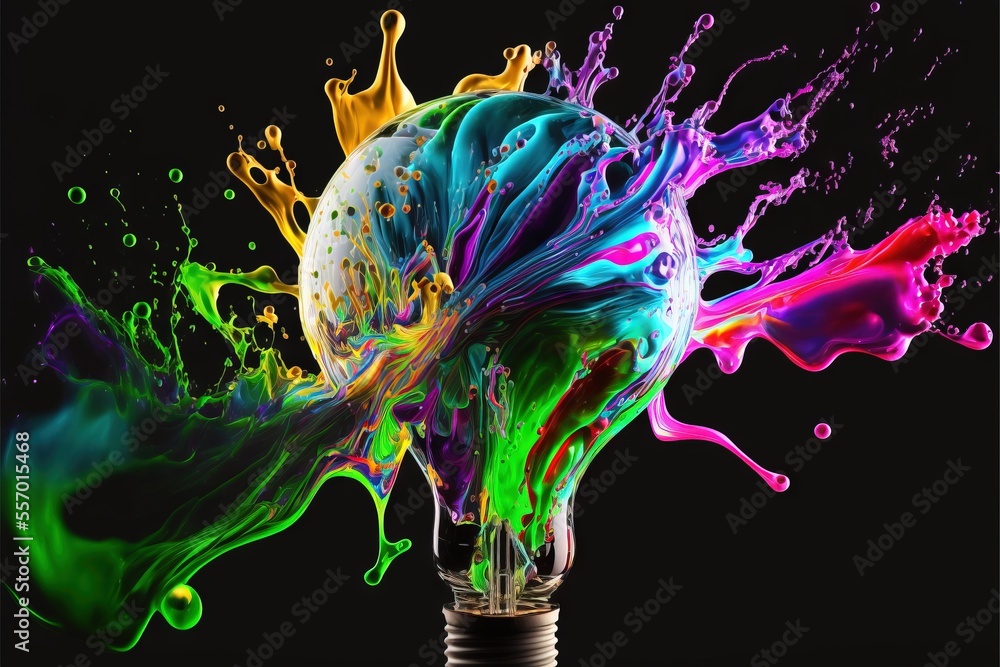 Poster a light bulb with colorful paint splashing out of it's top and bottom of it's light bulb., generativ
