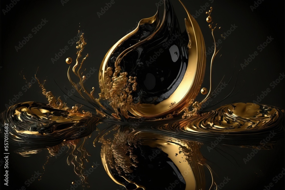 Poster a black and gold clock with a reflection of it's reflection in the water and gold leaves on the surf