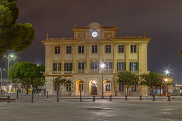 Amazing night photography around Port Authority in Malaga. Old Spanish style Junta del Puerto in...