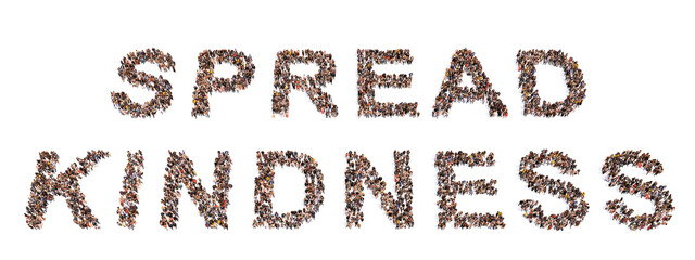 Concept or conceptual large community of people forming SPREAD KINDNESS slogan. 3d illustration metaphor for kindness and love, charity and sharing, positive thoughts, inspirational and motivation