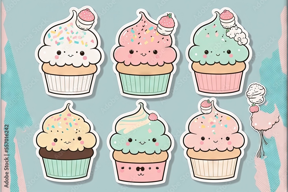 Poster a set of six stickers of cupcakes with different toppings on them., generative ai