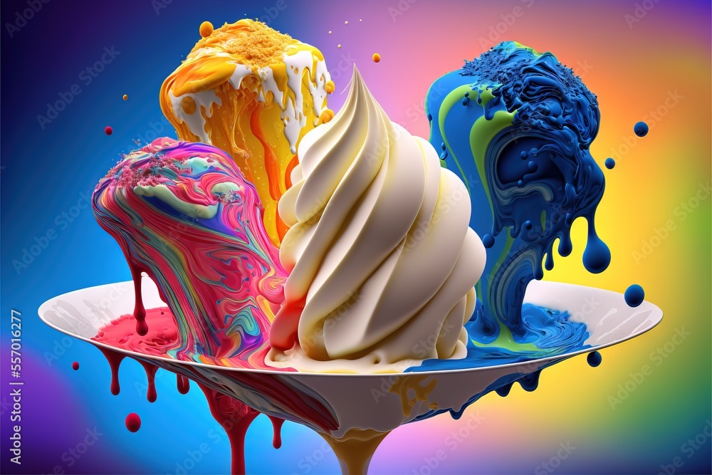 Poster a plate of ice cream with different colors on it and dripping paint on the side of it., generative a