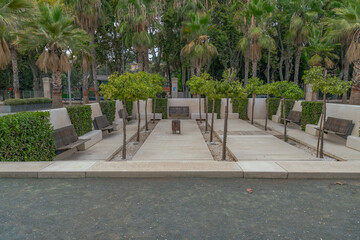 Public promenade in Malaga, Parmeral de las Sorpresas in sunny day. Modern urban green architecture, modern engineering of green urban gardens. Malaga, Andalusia, Spain 