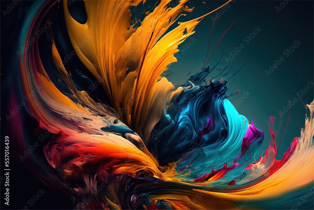 Poster a colorful abstract painting with a black background and a blue background with a yellow and red swi