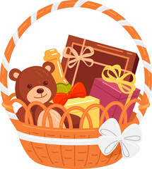 Gift straw basket with bear toy champagne and candy sweet delicious isometric vector