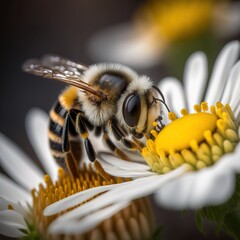 a bee is sitting on a flower with a black background and yellow center and white petals with yellow centers.