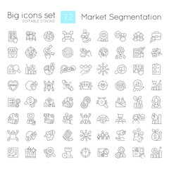 Fototapeta na wymiar Marketing segmentation linear icons set. Commercial strategy. Target audience. Customizable thin line symbols. Isolated vector outline illustrations. Editable stroke. Quicksand-Light font used