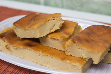 Homemade bread pudding dessert. Brazilian sweet food.